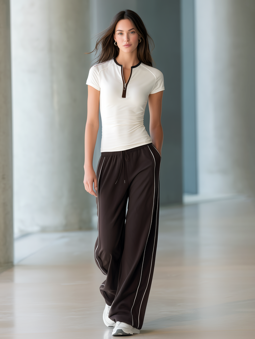 American Hot Girl  Style  White Half-Zip T-Shirt & Brown Wide-Leg Pants Set