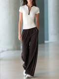 American Hot Girl  Style  White Half-Zip T-Shirt & Brown Wide-Leg Pants Set