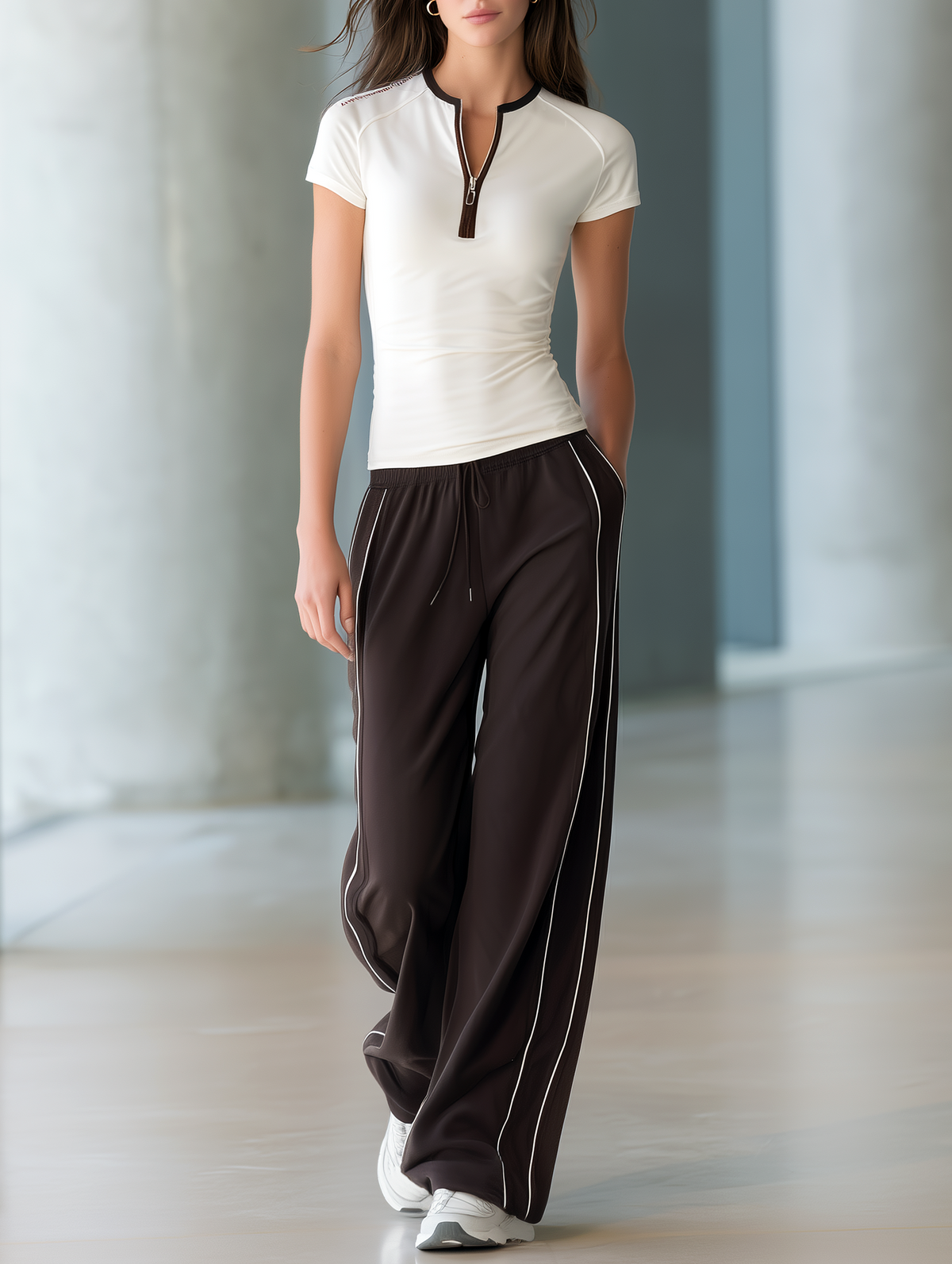 American Hot Girl  Style  White Half-Zip T-Shirt & Brown Wide-Leg Pants Set
