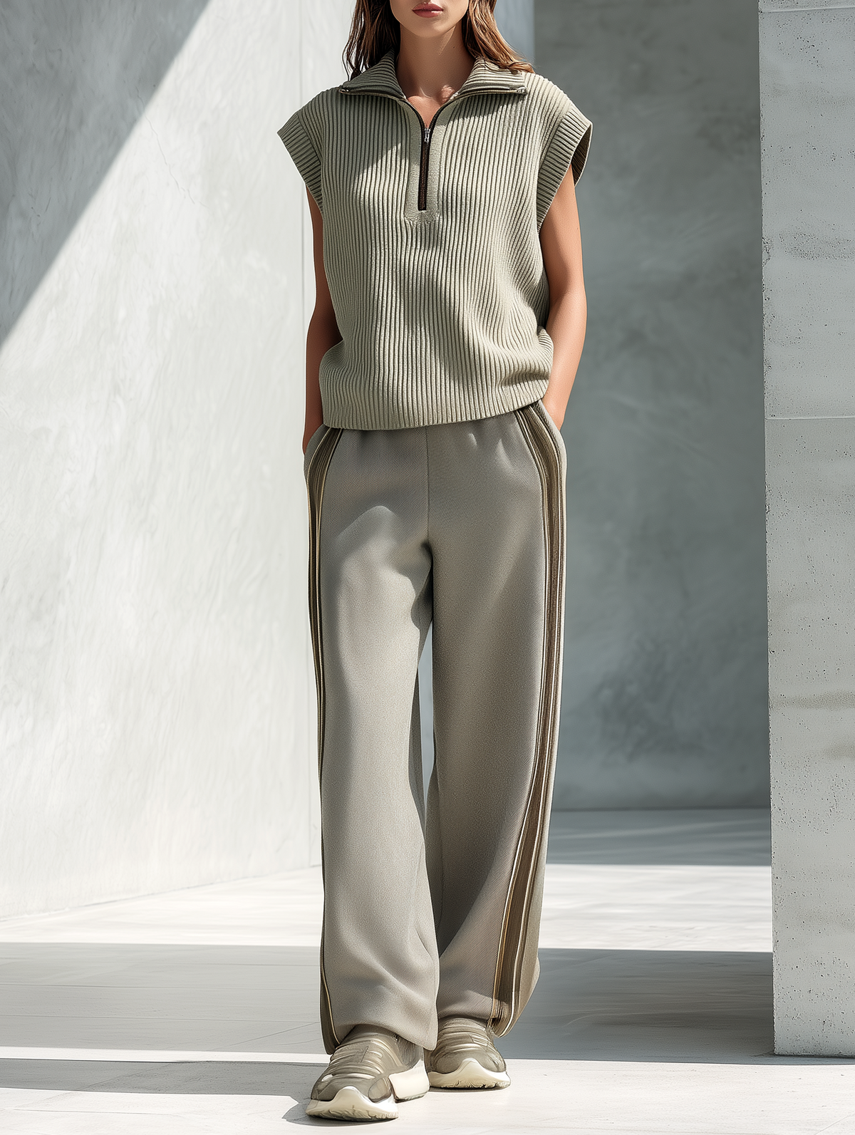 Relaxed-Fit Ash-Green Knitted Sleeveless Vest & Casual Wide-Leg Pants Set