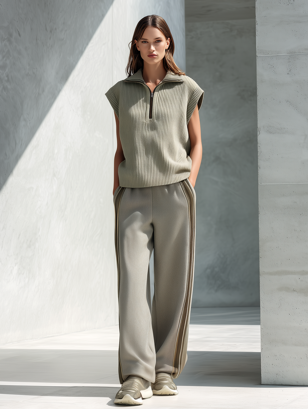 Relaxed-Fit Ash-Green Knitted Sleeveless Vest & Casual Wide-Leg Pants Set