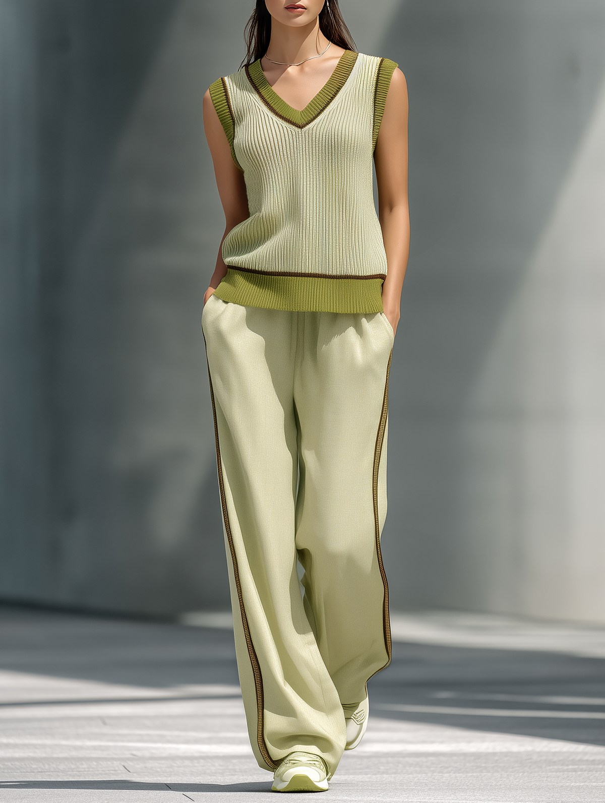 Fresh Style  Light Green V-Neck Color-Block Knit Vest & Drapey Wide-Leg Pants Set