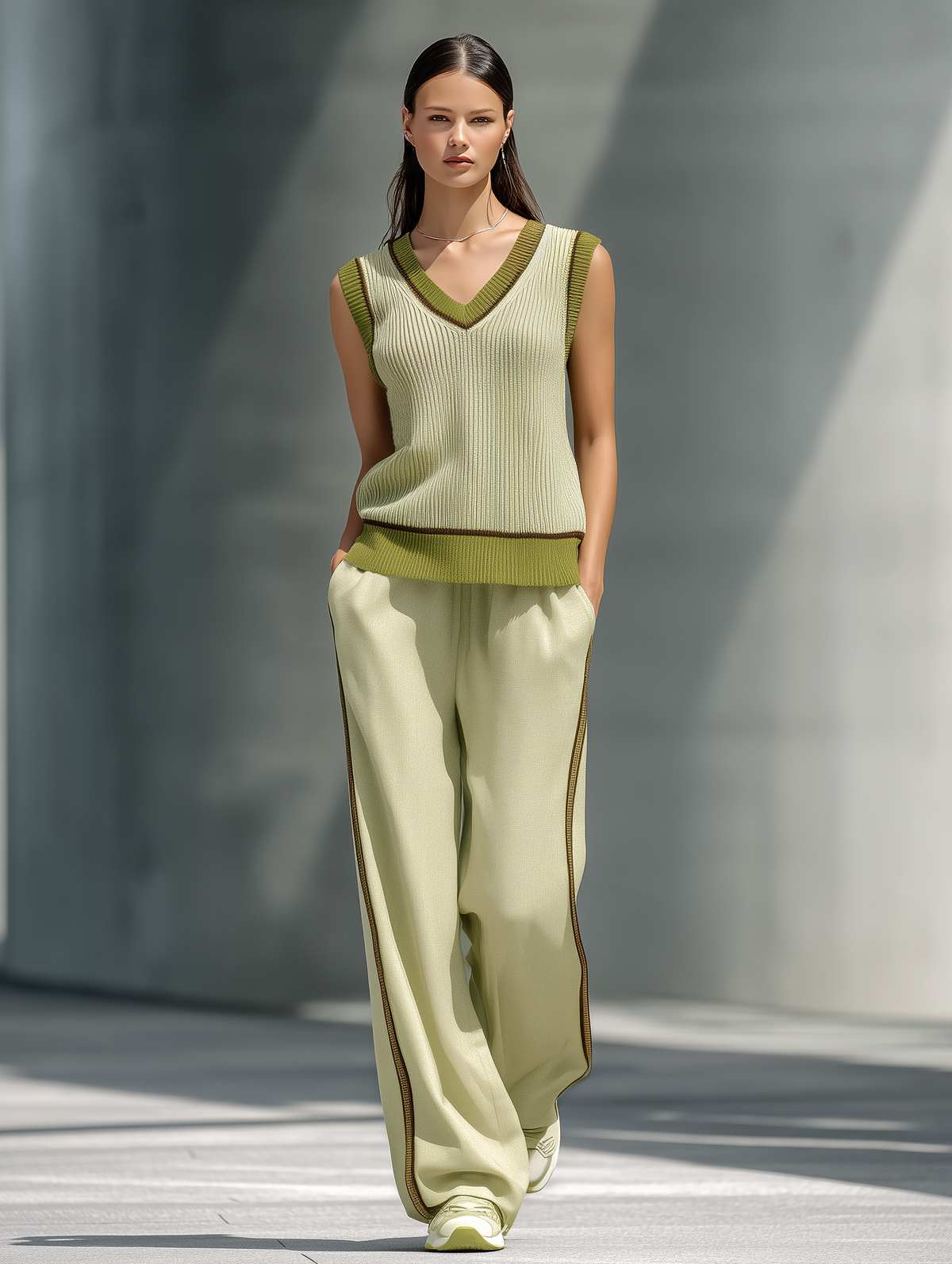 Fresh Style  Light Green V-Neck Color-Block Knit Vest & Drapey Wide-Leg Pants Set