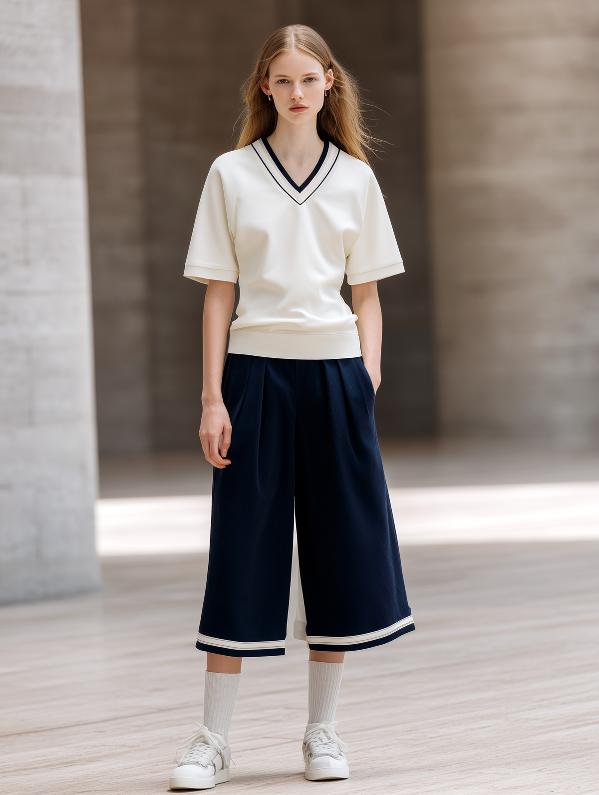 Youthful Style  Off-White V-Neck T-Shirt & Black Wide-Leg Cropped Pants Set