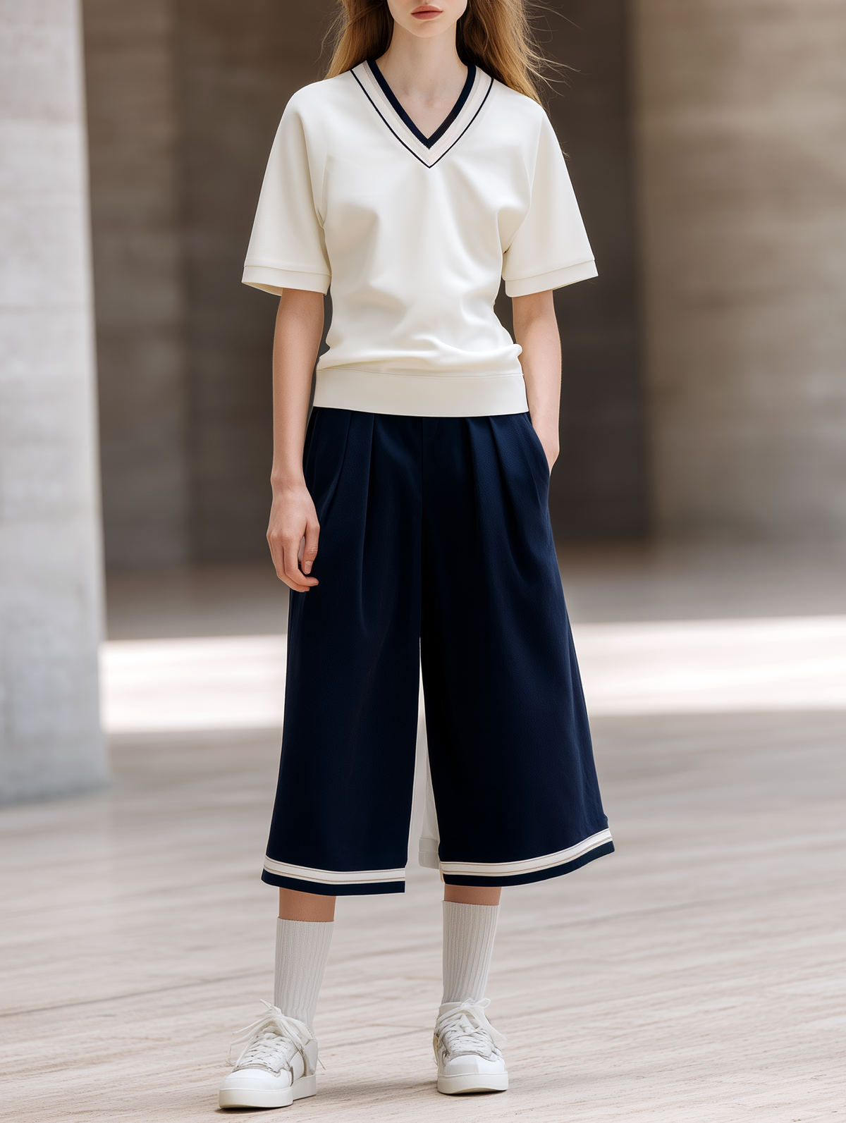 Youthful Style  Off-White V-Neck T-Shirt & Black Wide-Leg Cropped Pants Set