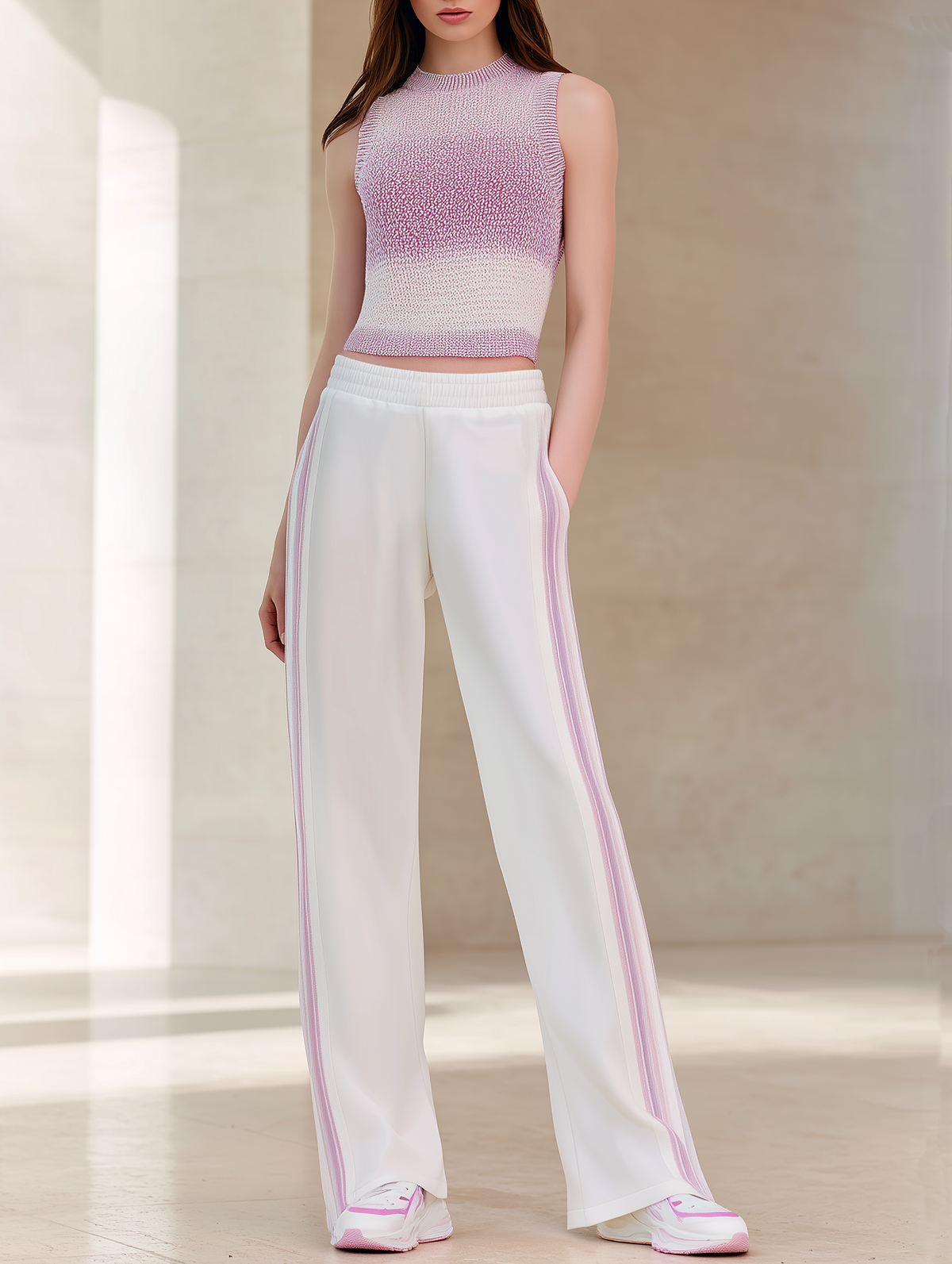 Soft-Style Pink Ombré Sleeveless Knit Top & Drapey Wide-Leg Pants Set