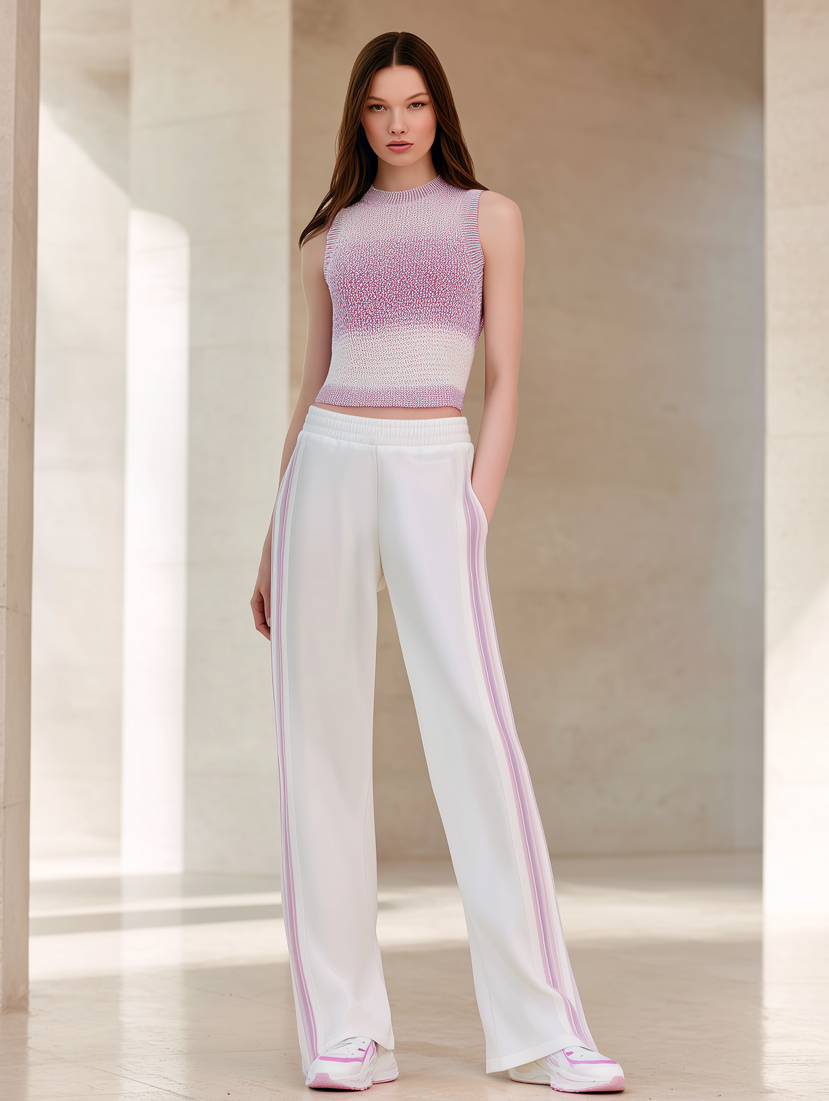 Soft-Style Pink Ombré Sleeveless Knit Top & Drapey Wide-Leg Pants Set