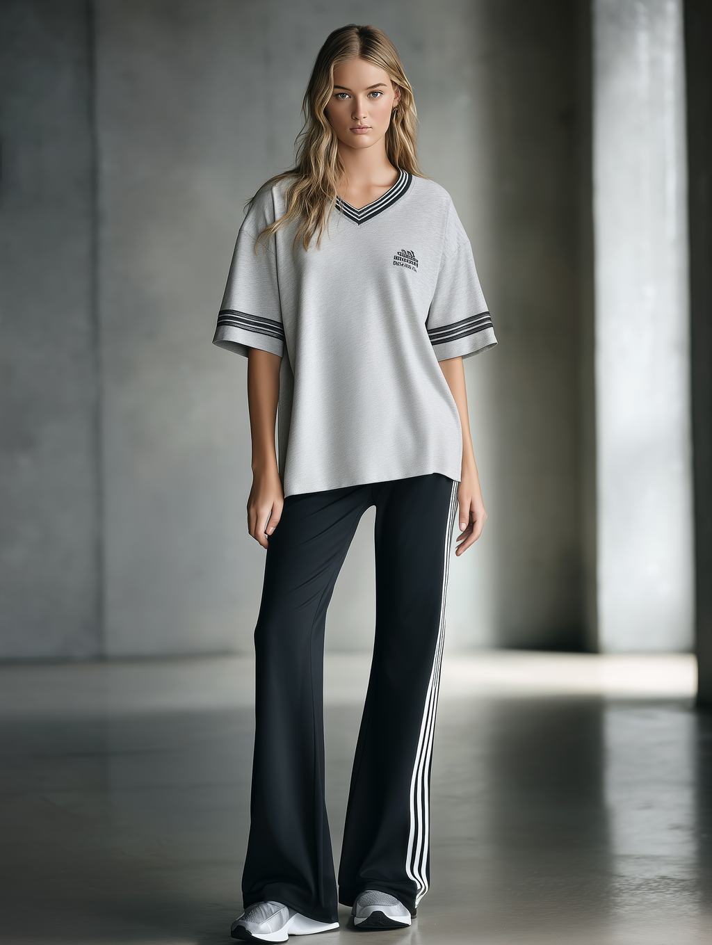 Preppy-Style Heather Grey  Black-Trim V-Neck Loose T-Shirt And Flared Pants Set