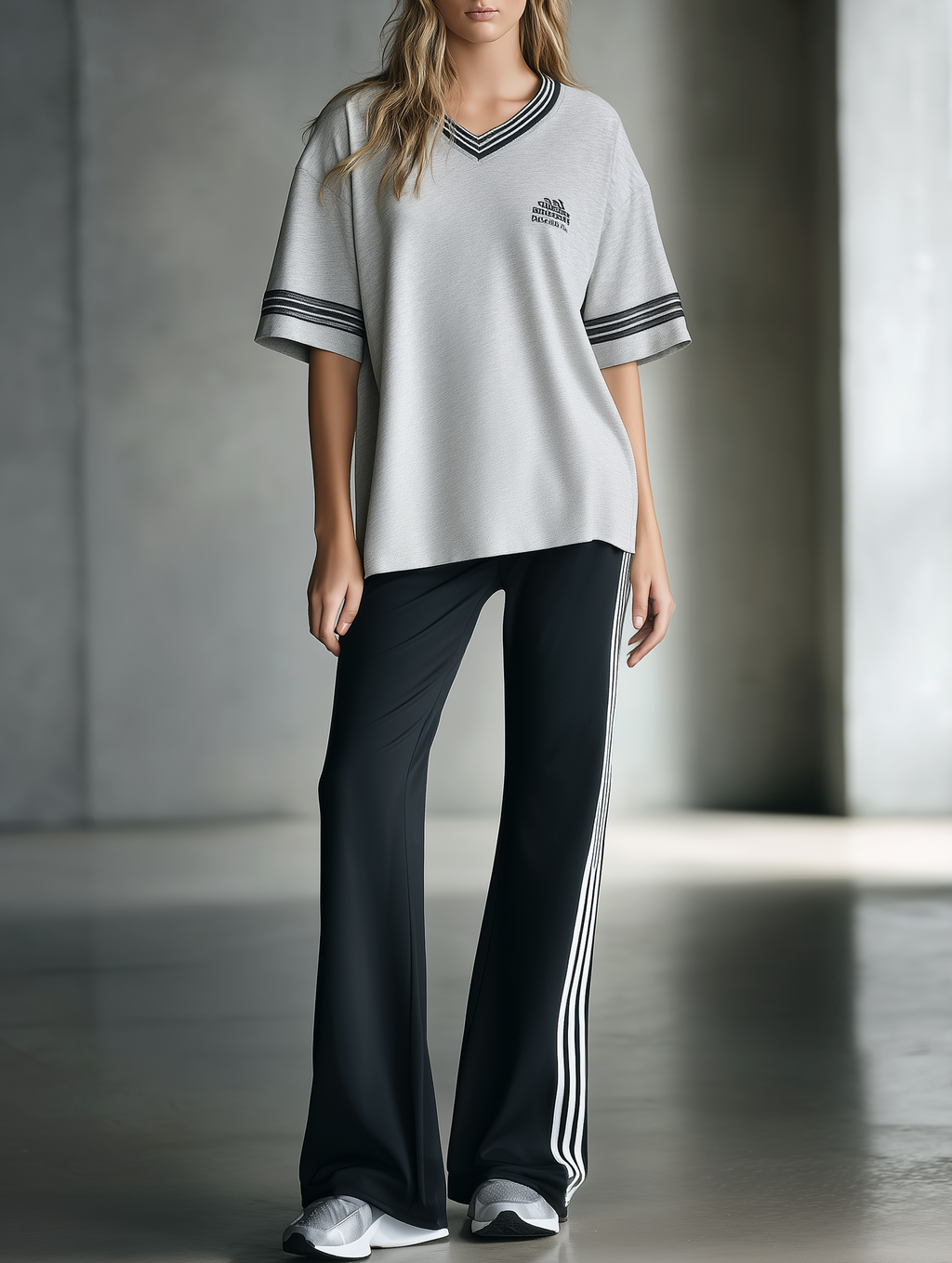 Preppy-Style Heather Grey  Black-Trim V-Neck Loose T-Shirt And Flared Pants Set