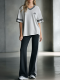 Preppy-Style Heather Grey  Black-Trim V-Neck Loose T-Shirt And Flared Pants Set