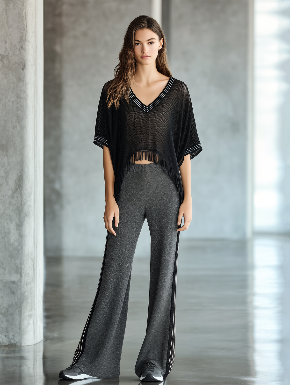 Chic Black Lightweight Knit Set  V-Neck Fringe T-Shirt & Draped Wide-Leg Pants