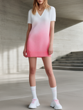 Stylish White & Pink Gradient V-Neck Short-Sleeve Straight-Cut Knit Dress