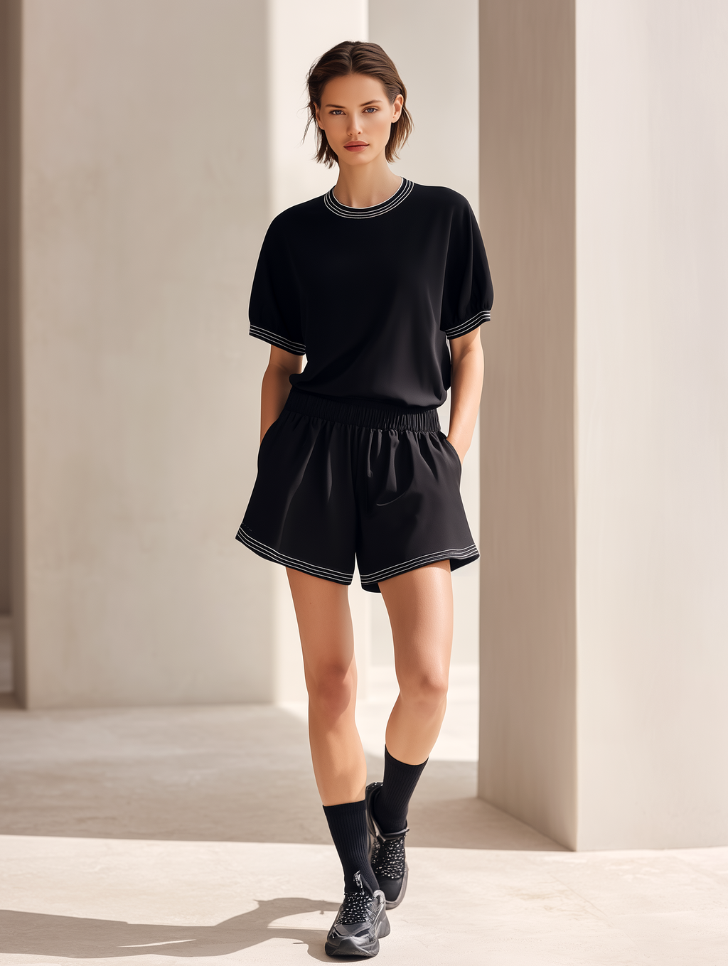 Sophisticated Black Short-Sleeve Crewneck Set With Youthful Striped Trim & Casual Shorts