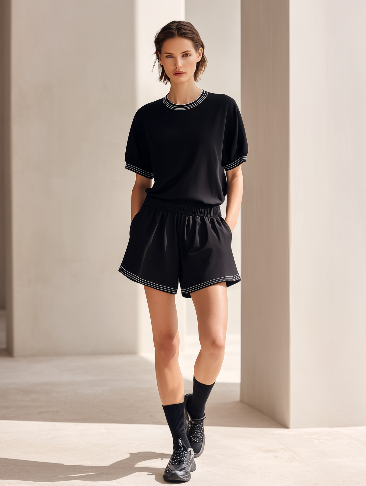 Sophisticated Black Short-Sleeve Crewneck Set With Youthful Striped Trim & Casual Shorts