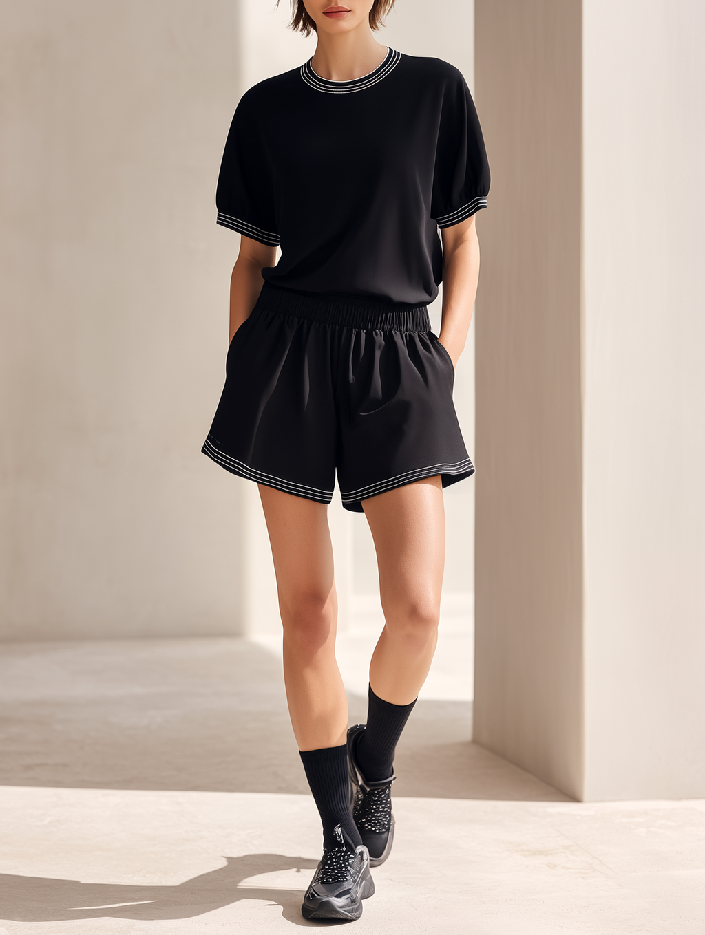 Sophisticated Black Short-Sleeve Crewneck Set With Youthful Striped Trim & Casual Shorts