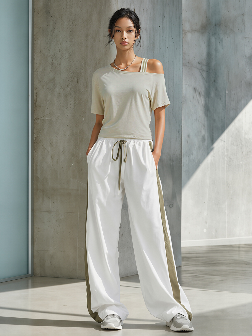 Bean Green Color-Block Asymmetrical Off-Shoulder Top And Side-Stripe Wide-Leg Pants Set