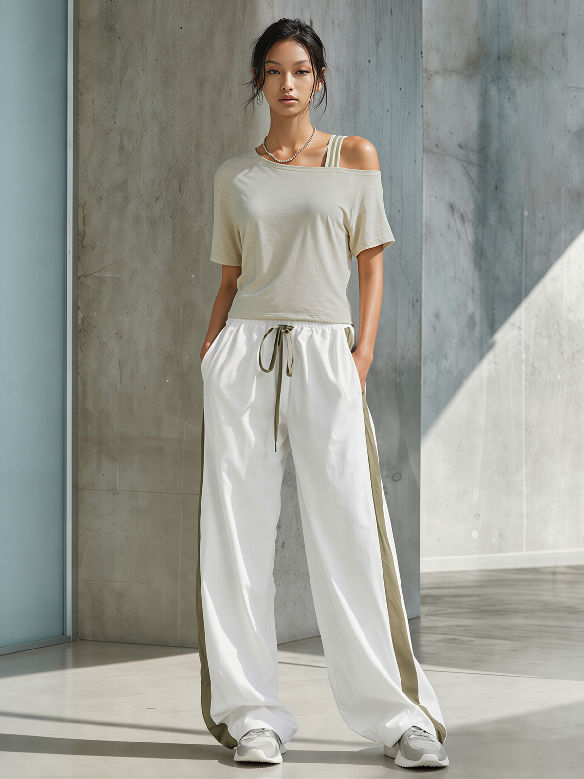 Bean Green Color-Block Asymmetrical Off-Shoulder Top And Side-Stripe Wide-Leg Pants Set