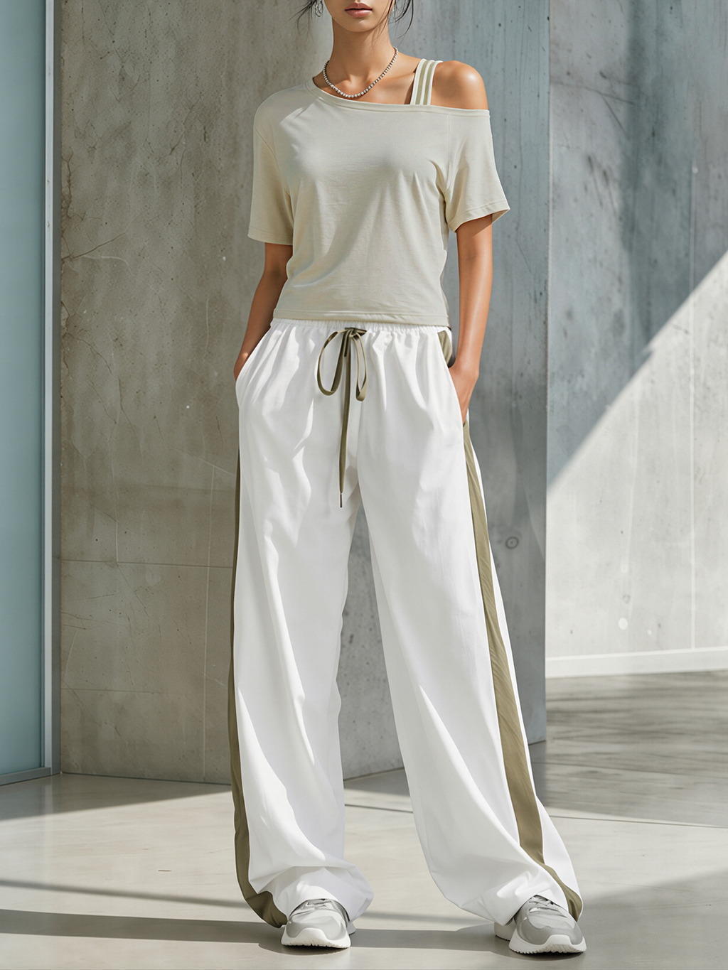 Bean Green Color-Block Asymmetrical Off-Shoulder Top And Side-Stripe Wide-Leg Pants Set