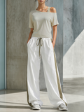 Bean Green Color-Block Asymmetrical Off-Shoulder Top And Side-Stripe Wide-Leg Pants Set