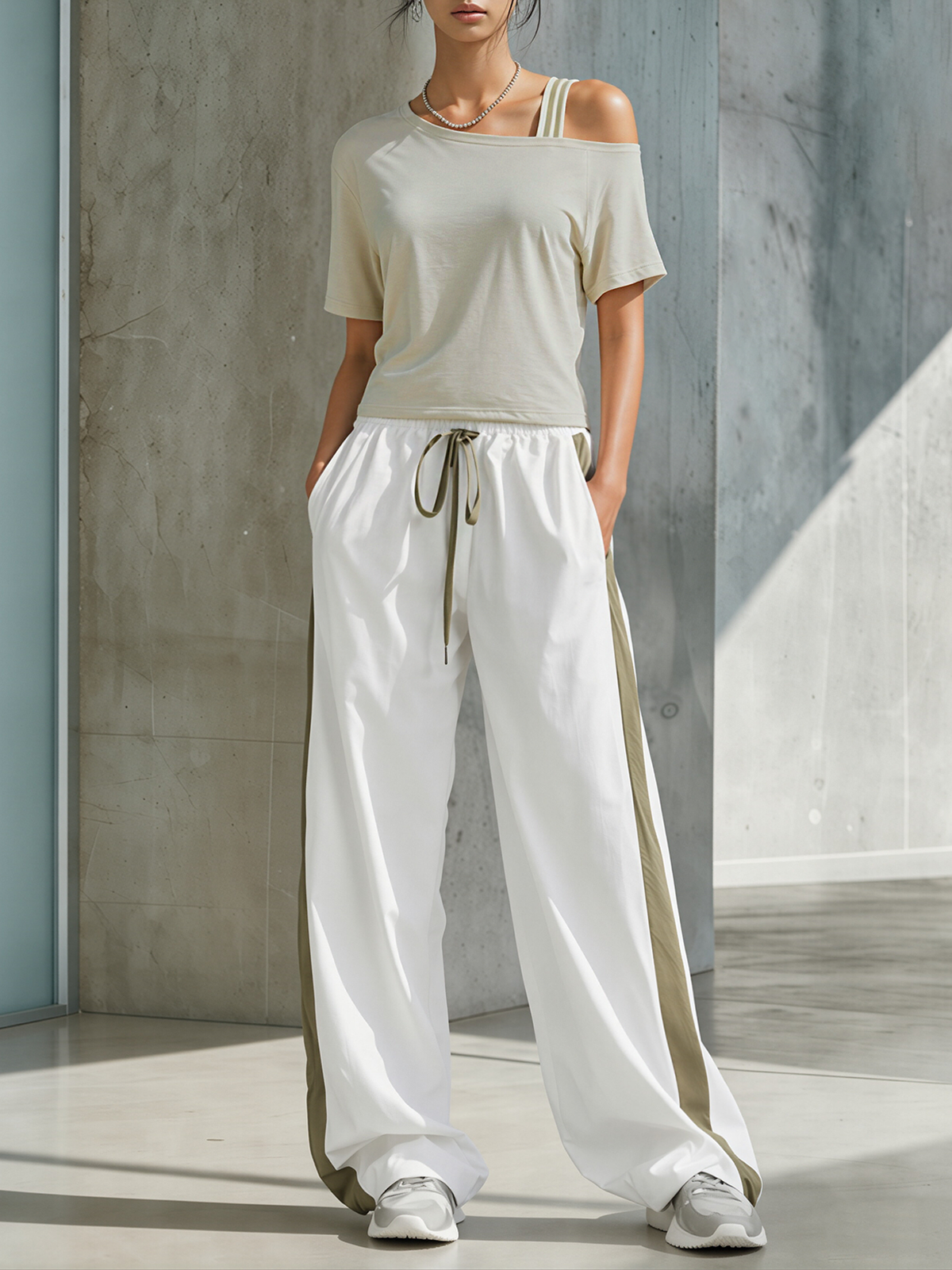 Bean Green Color-Block Asymmetrical Off-Shoulder Top And Side-Stripe Wide-Leg Pants Set
