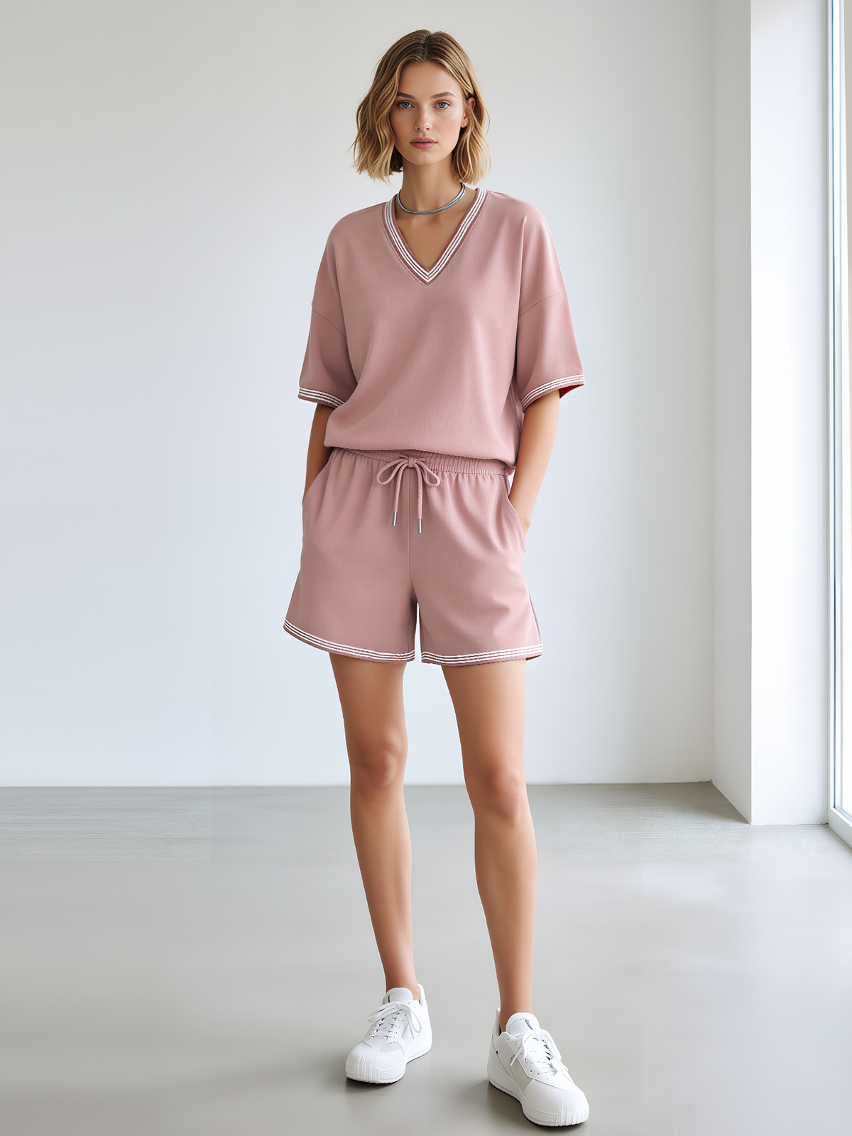 Misty Pink Color-Block V-Neck T-Shirt And Drawstring Shorts Set