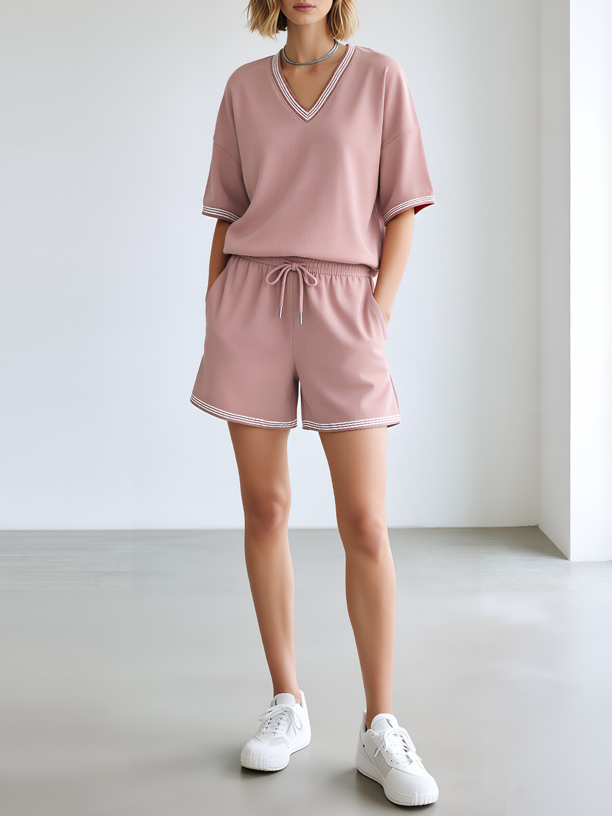 Misty Pink Color-Block V-Neck T-Shirt And Drawstring Shorts Set