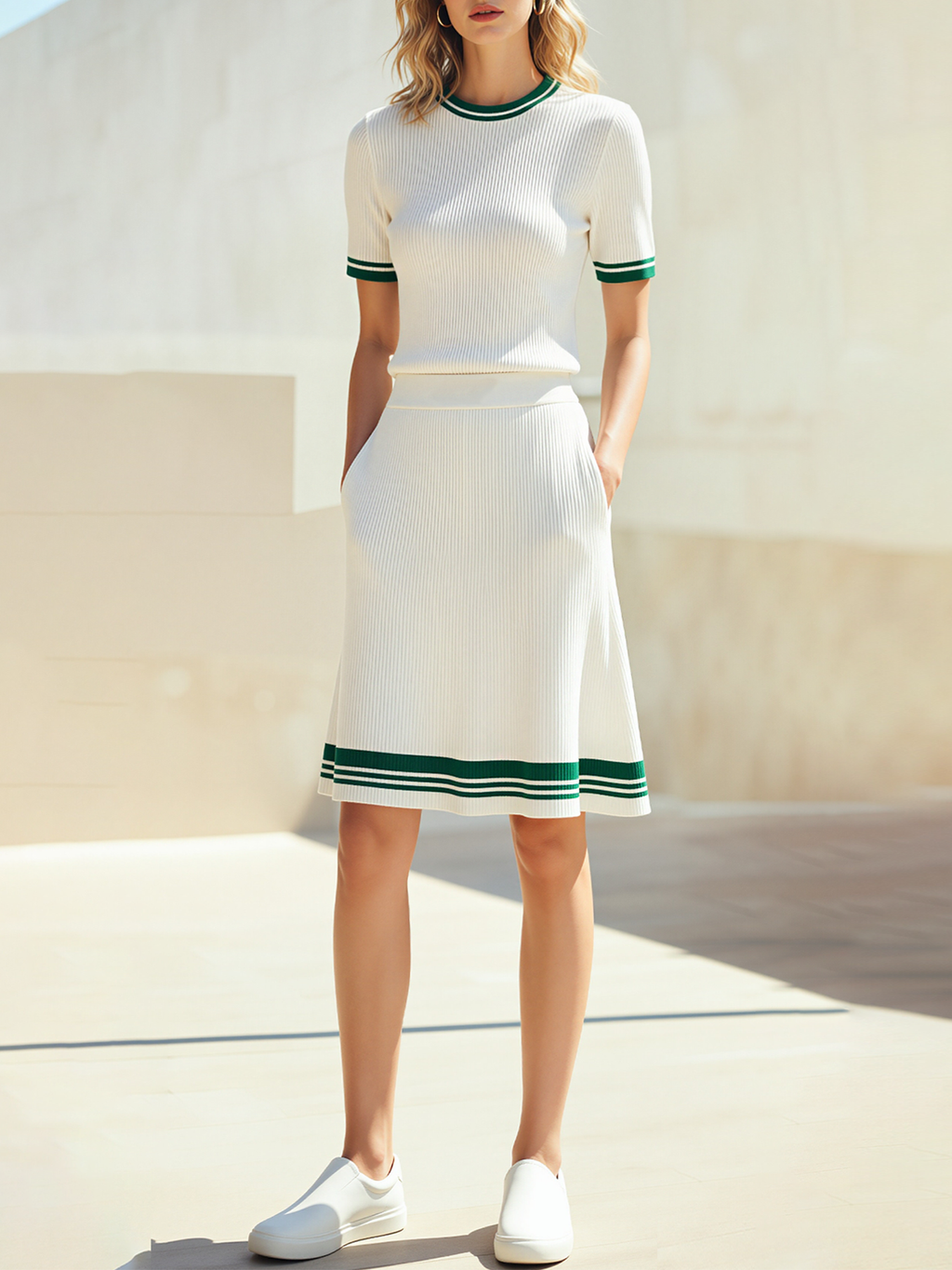 White And Green Color-Block Striped Knit Top And Skirt Set