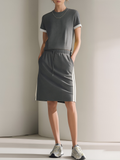 Charcoal Gray Short-Sleeve T-Shirt With Contrast Piping And Side-Stripe Skirt Set
