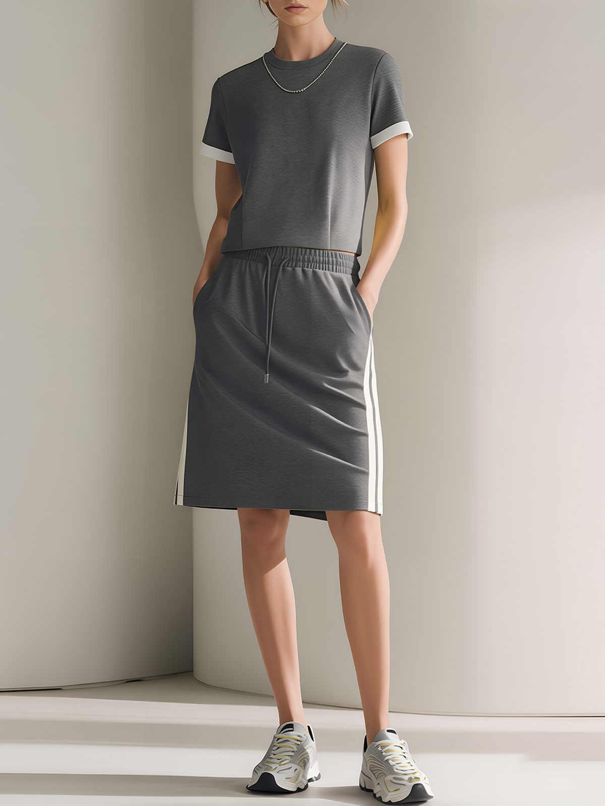 Charcoal Gray Short-Sleeve T-Shirt With Contrast Piping And Side-Stripe Skirt Set