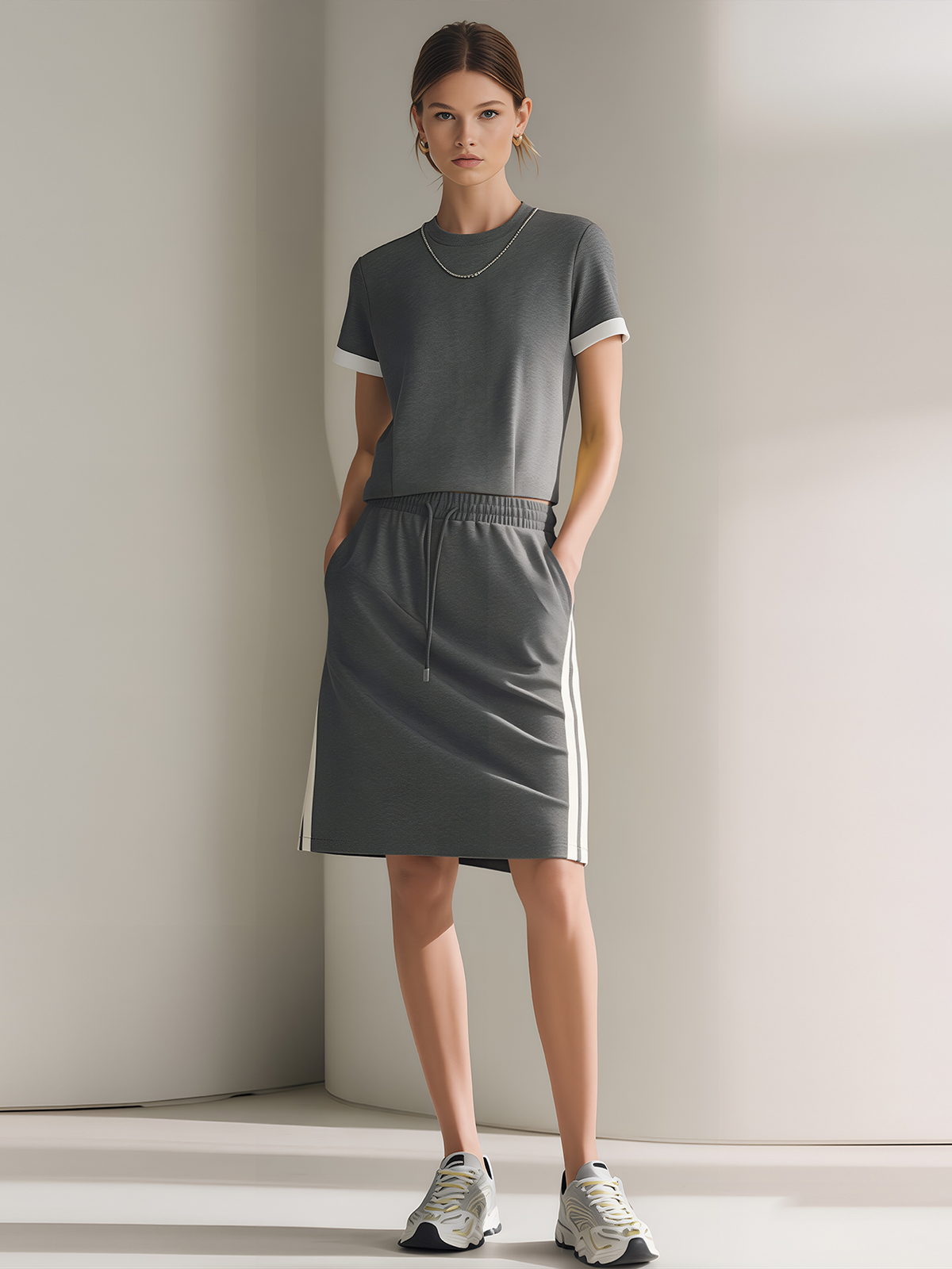 Charcoal Gray Short-Sleeve T-Shirt With Contrast Piping And Side-Stripe Skirt Set