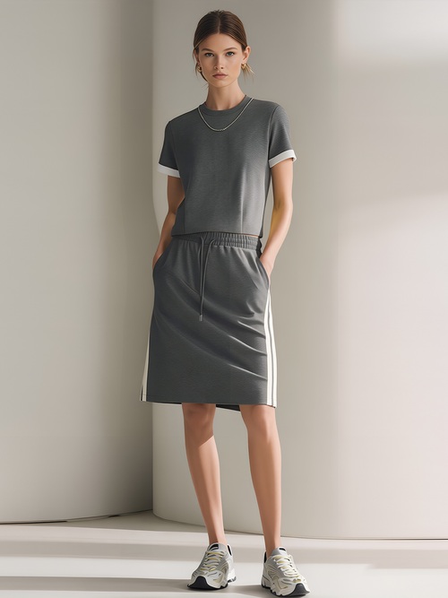Charcoal Gray Short-Sleeve T-Shirt With Contrast Piping And Side-Stripe Skirt Set