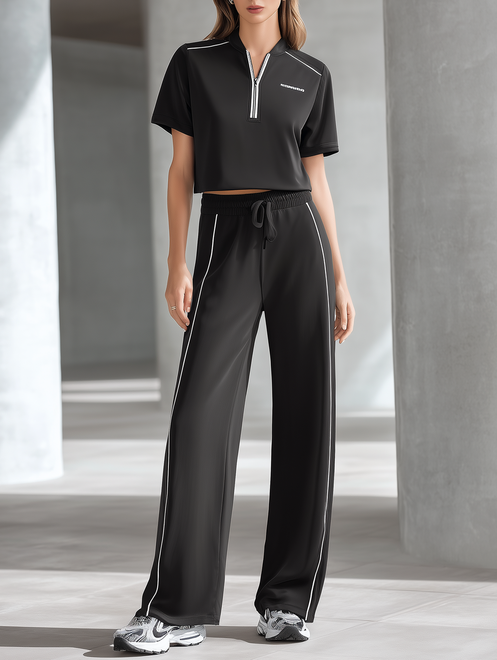 High-Street Style Casual Set  Youthful Black Short-Sleeve Top With Half-Zip & Wide-Leg Pants