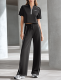 High-Street Style Casual Set  Youthful Black Short-Sleeve Top With Half-Zip & Wide-Leg Pants