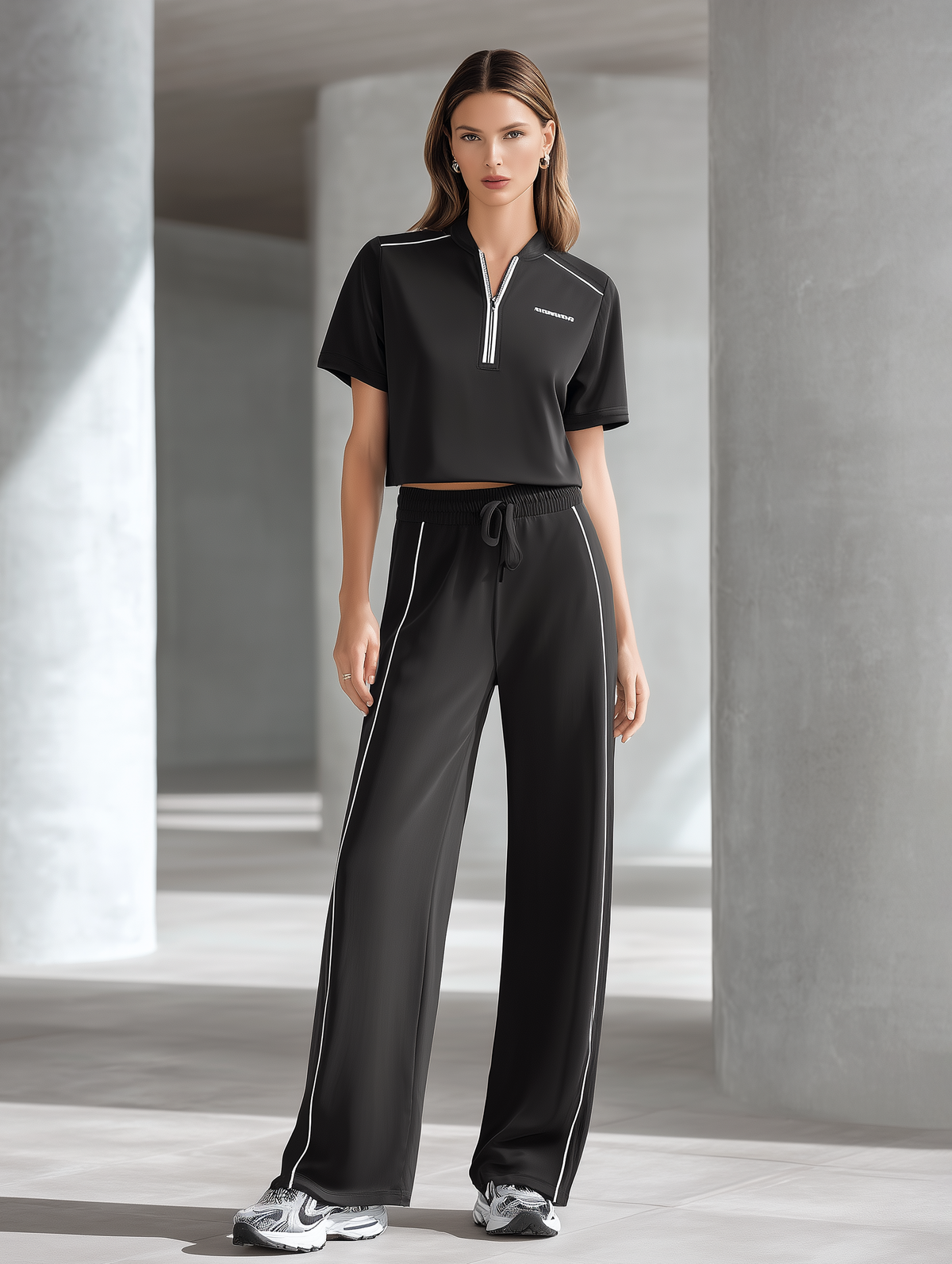 High-Street Style Casual Set  Youthful Black Short-Sleeve Top With Half-Zip & Wide-Leg Pants