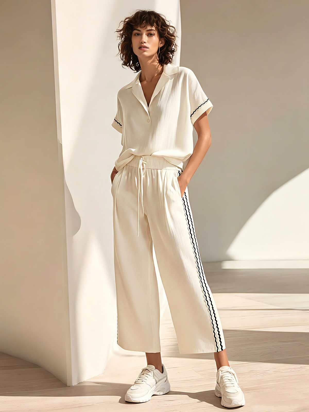 Color-Block Wavy-Trimmed Lapel Shirt And Drawstring Wide-Leg Cropped Pants Set