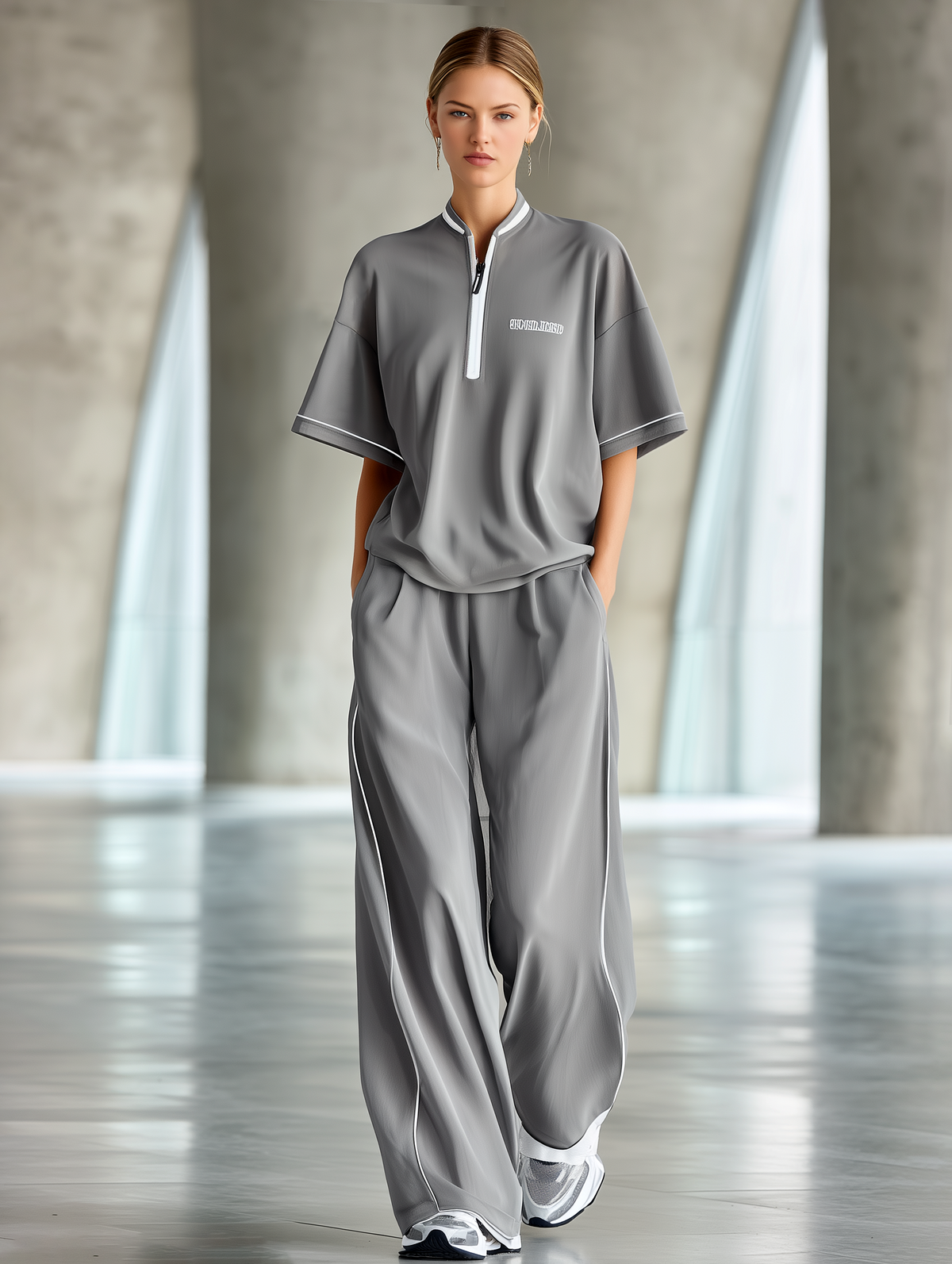 Sophisticated Grey Half-Zip Short-Sleeve Top & Wide-Leg Pants Set — Youthful & Flowy Style