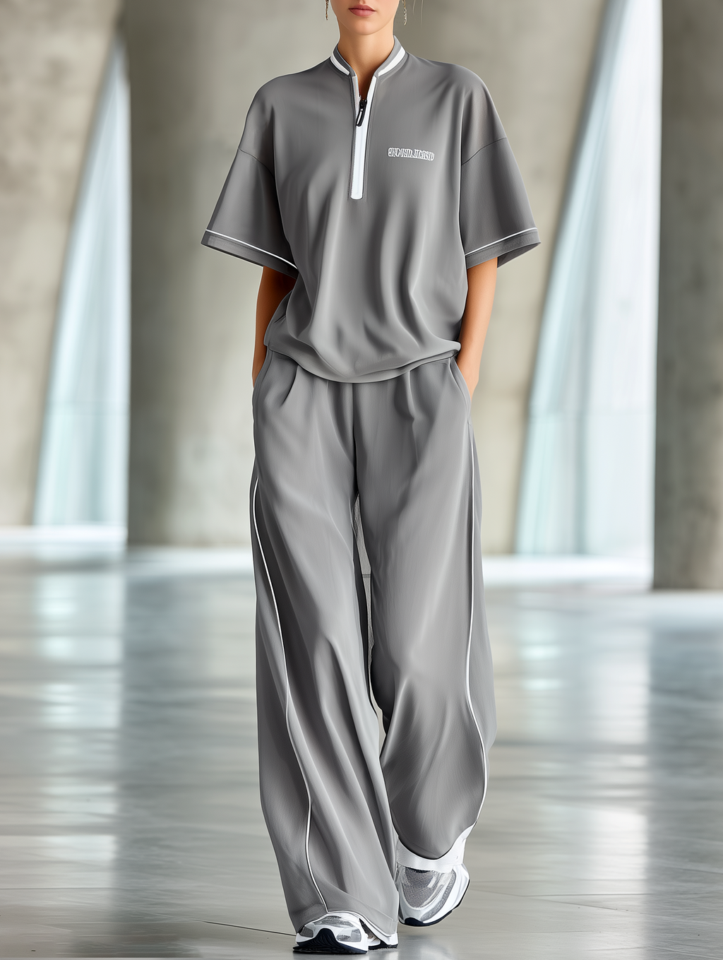 Sophisticated Grey Half-Zip Short-Sleeve Top & Wide-Leg Pants Set — Youthful & Flowy Style
