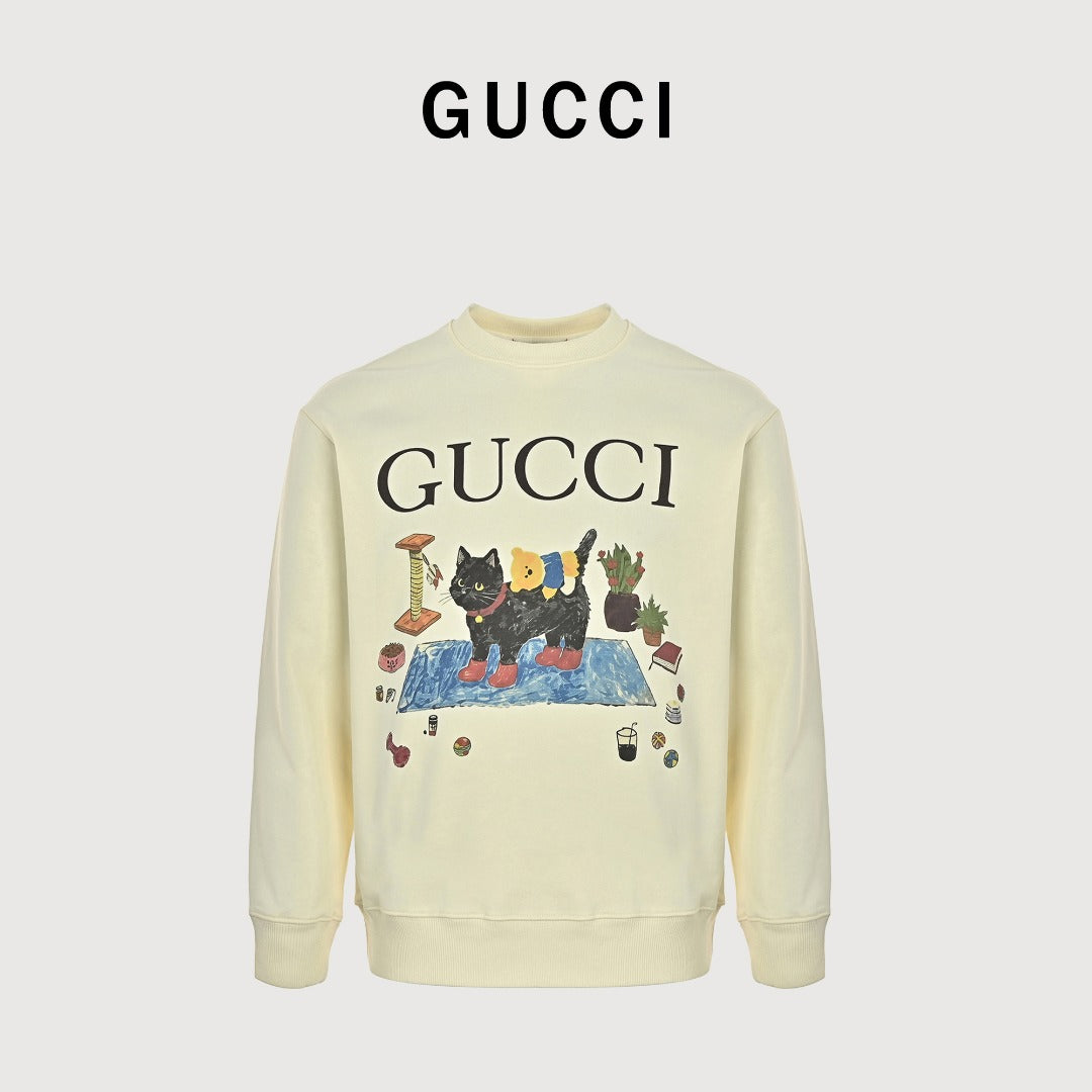 Gucci Whimsical Cartoon Black Cat Picnic Series Crewneck Sweatshirt