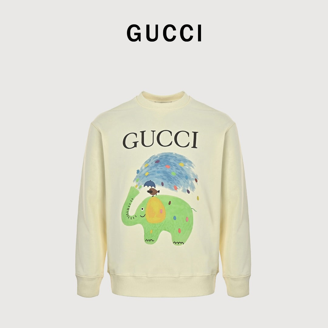 Gucci Whimsical Cartoon Elephant & Bird Rainy Day Series Crewneck Sweatshirt