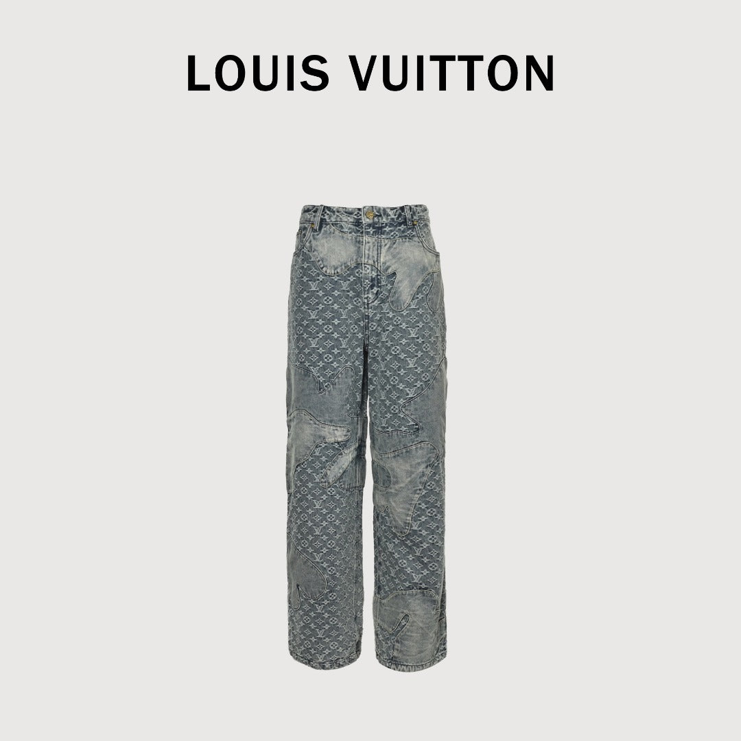 Louis Vuitton Heart Leather Patch Monogram Wide-Leg Jeans