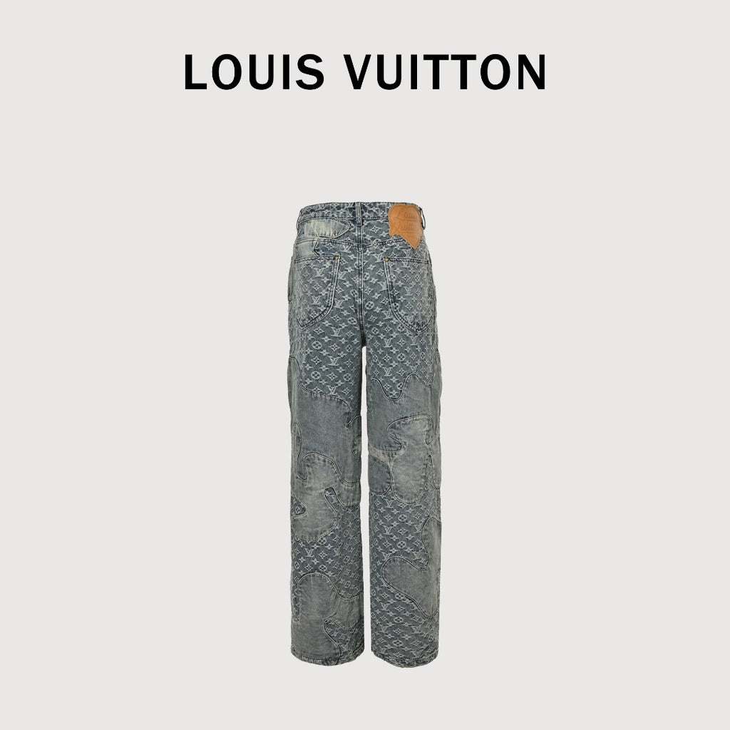 Louis Vuitton Heart Leather Patch Monogram Wide-Leg Jeans