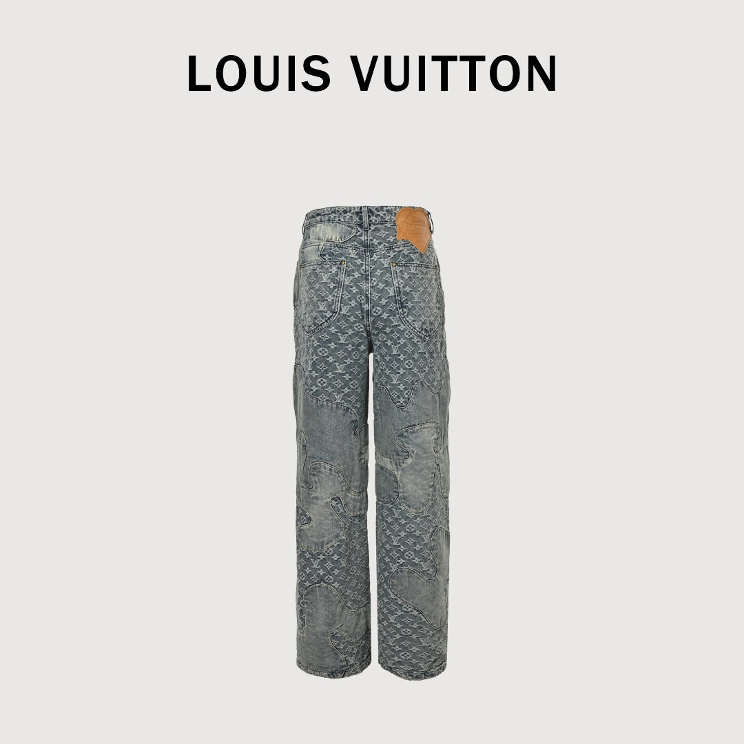 Louis Vuitton Heart Leather Patch Monogram Wide-Leg Jeans