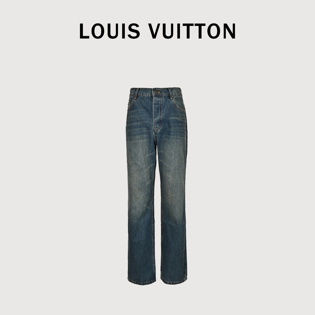 Louis Vuitton LV Leather Back Pocket Straight-Leg Jeans