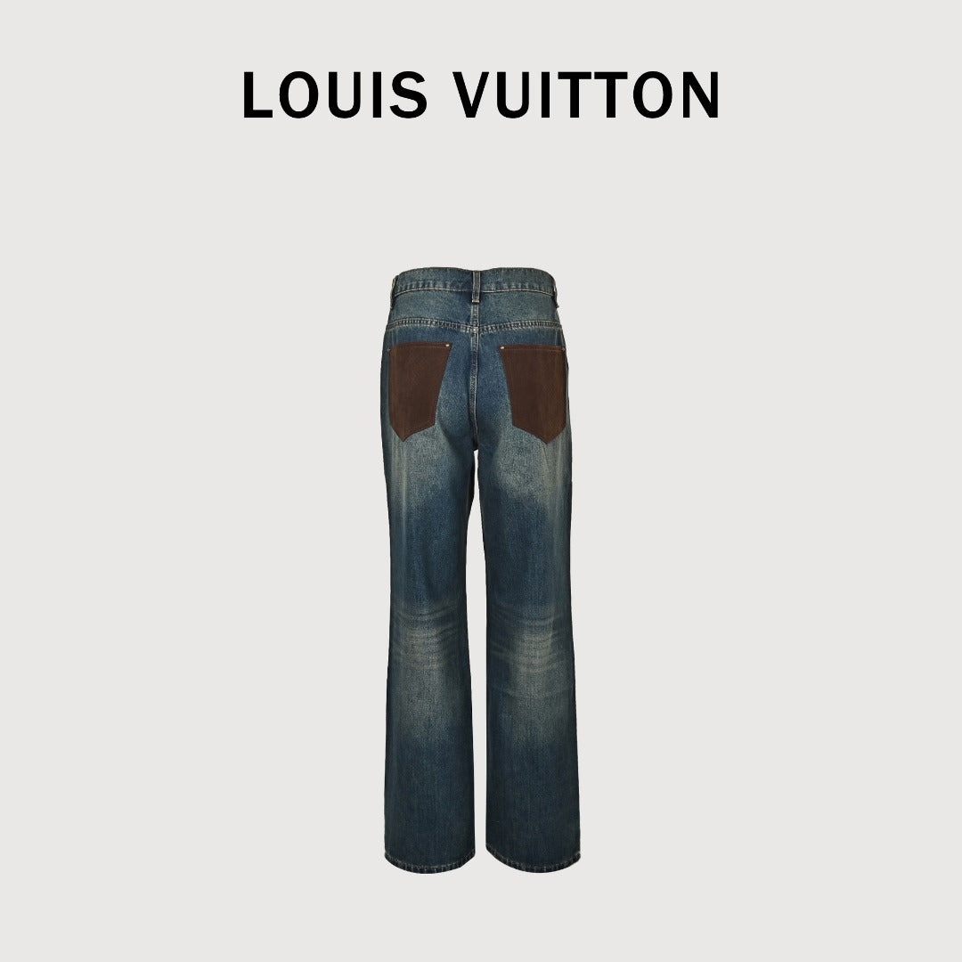 Louis Vuitton LV Leather Back Pocket Straight-Leg Jeans
