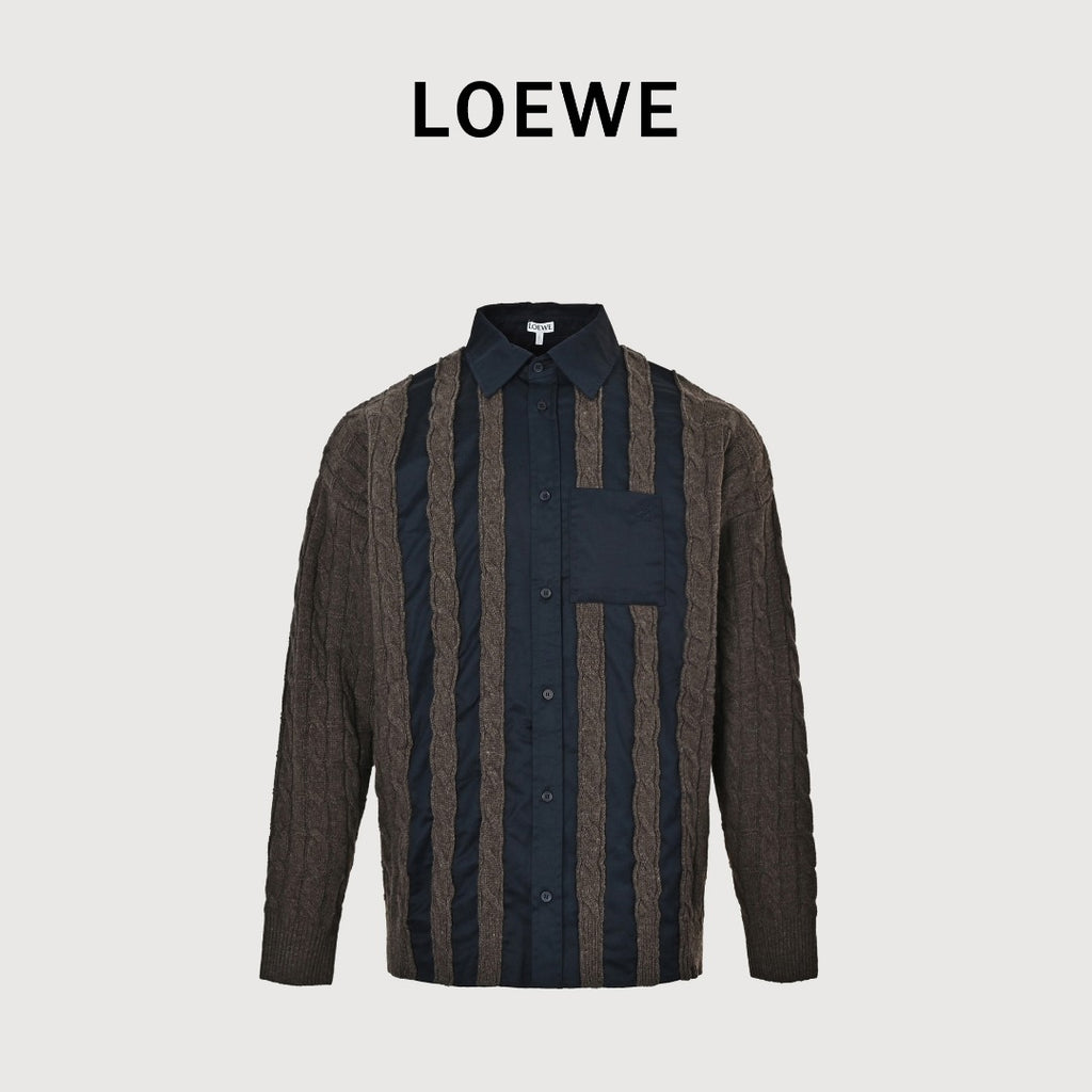 Loewe Anagram Vertical Stripe Embroidered Wool-Blend Long Sleeve Shirt