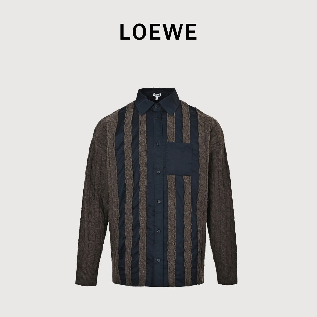 Loewe Anagram Vertical Stripe Embroidered Wool-Blend Long Sleeve Shirt