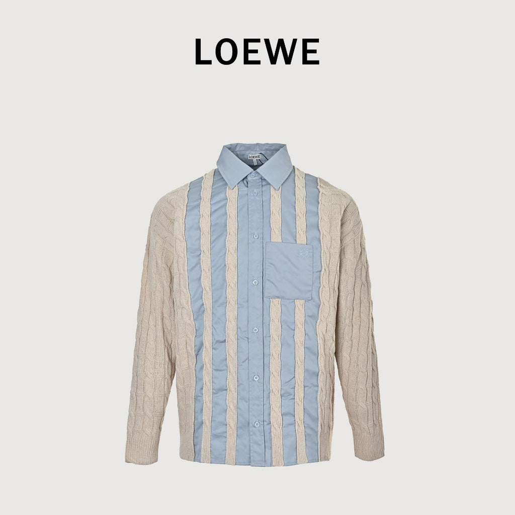 Loewe Anagram Vertical Stripe Embroidered Wool-Blend Long Sleeve Shirt – Sky Blue