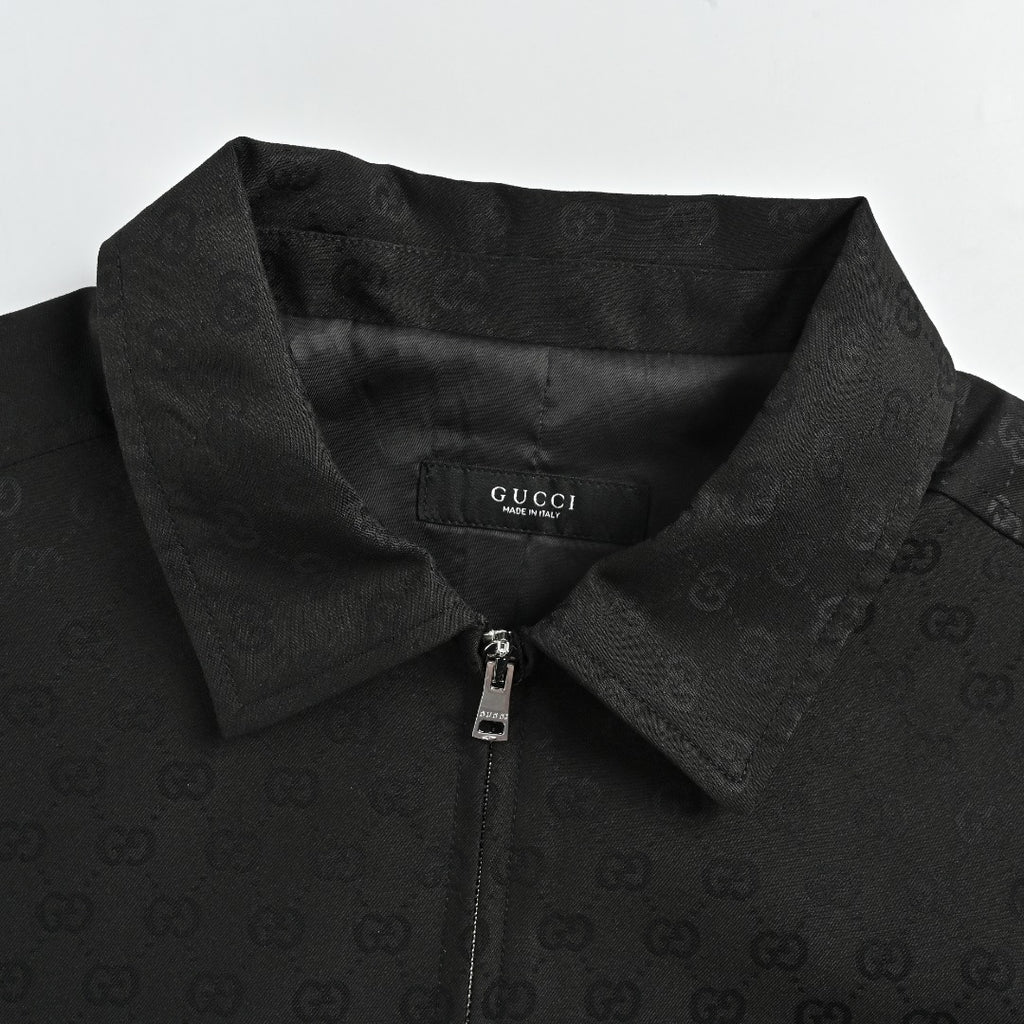 Gucci GUC All-Over GG Jacquard Zip-Up Spread Collar Jacket — Dark Brown
