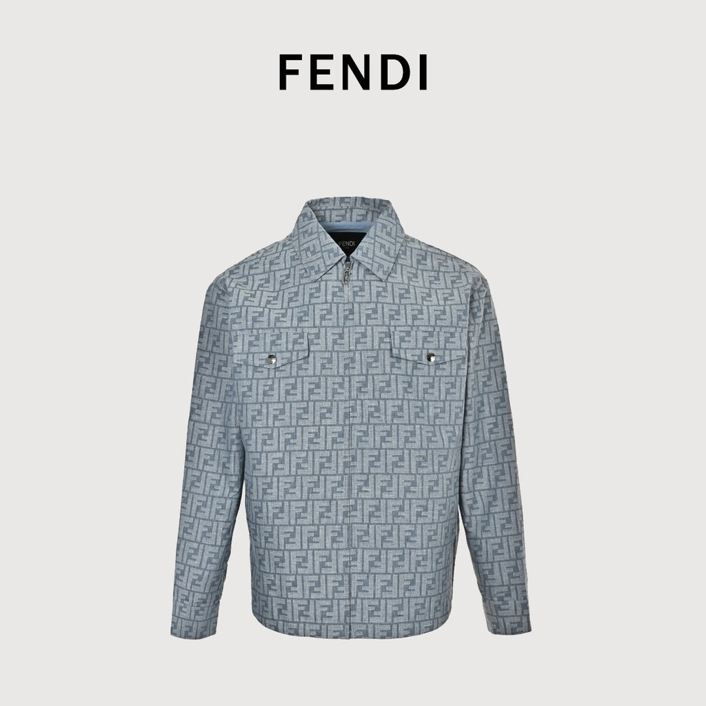 Fendi FF Monogram All-Over Sea Salt Blue Spread Collar Zip-Up Jacket
