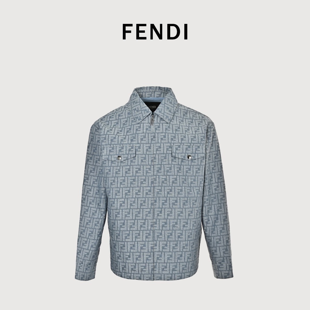 Fendi FF Monogram All-Over Sea Salt Blue Spread Collar Zip-Up Jacket